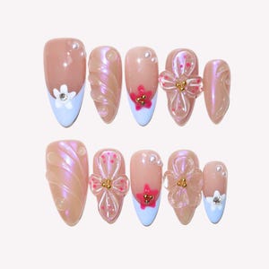 Berry Frappé Press On Nails, Pink Pearl Shimmer, 3d Flowers With Gems, French Tips, Cute Girly Reusable False Nails Set