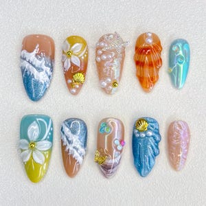 Ocean Mermaid Press On Nails, 3D Seashell Starfish Design, Pearl Glitter Beach Nails, Summer Vacation Nail Art Set, Sea Vibes Manicure