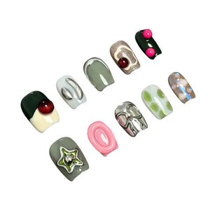 Funky Abstract Nails, Green, Pink, Silver, Cherry, Star, Bow, 3D Jelly Design, Mismatched Press On Nails, Handmade Y2K Nail Set