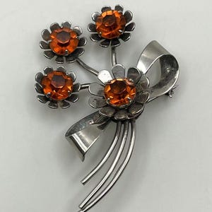 Vintage Sterling Silver Orange Rhinestone Flower Brooch