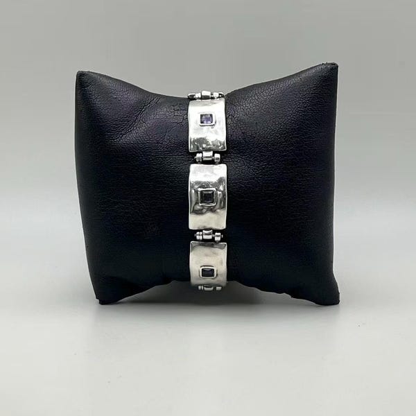 Vintage Jewelry 925 Sterling Silver Hammered Panel Bracelet with Amethyst attached