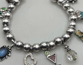 Vintage Sterling Silver Beaded Charm Cuff Bracelet with Playful Dangling Charms