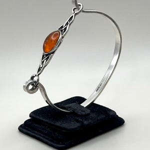 Vintage Sterling Silver Baltic Amber Attached Hinged Bangle- Silver Bangle / Silver Jewelry|Gift for Her Him|holiday gift|Father&#39;s day gift