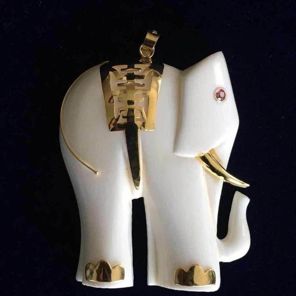 Free Shipping - Vintage Carved Bone Elephant Pendant with 14K Gold Harness and Ruby Eye