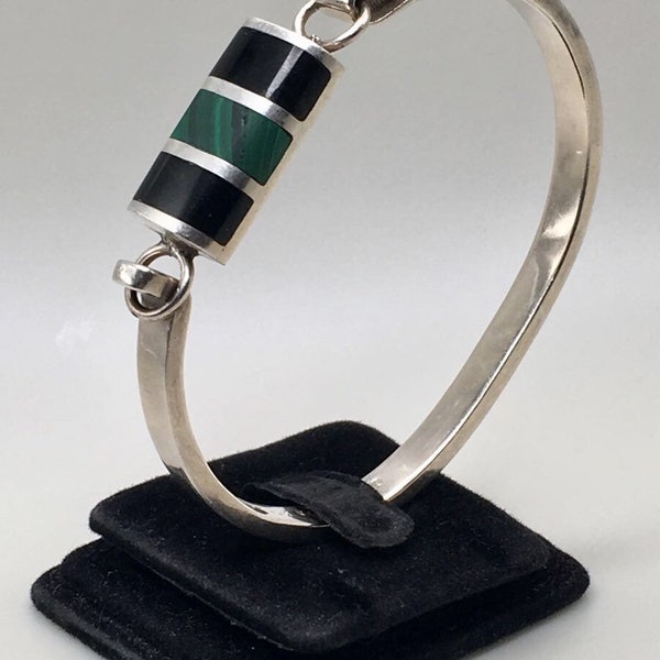 Mexico Taxco 925 Sterling Silver Black Onyx and Malachite Hinged Bangle | Silver Bangle| Silver Jewelry|Mother's Day Gift
