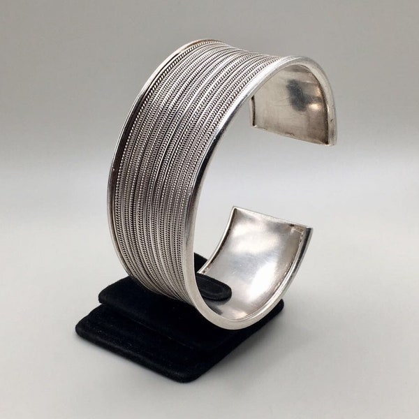 Vintage 925  Silver Modern Asymmetrical Silky Braided Cuff Bangle Bracelet - Silver Bangle, Silver Jewelry