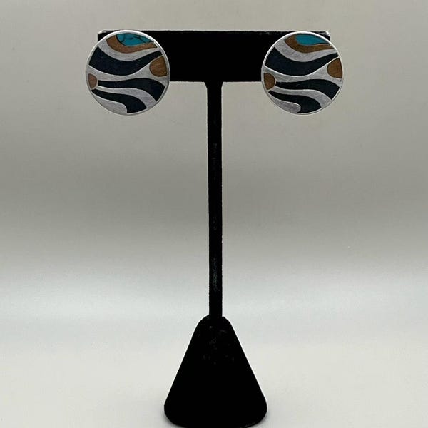 Mexico Taxco 925 Silver Mixed Metal and Turquoise Inlay Clip On Earrings: Round Shape