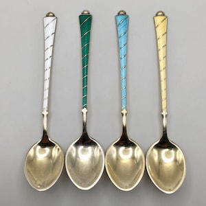 Vintage ELA Denmark 925S Enamel Gold Wash Sterling Silver Demitasse Spoons Set of (4) - 3 3/4&quot;|Silver Flatware, Silverware|Housewarming Gift