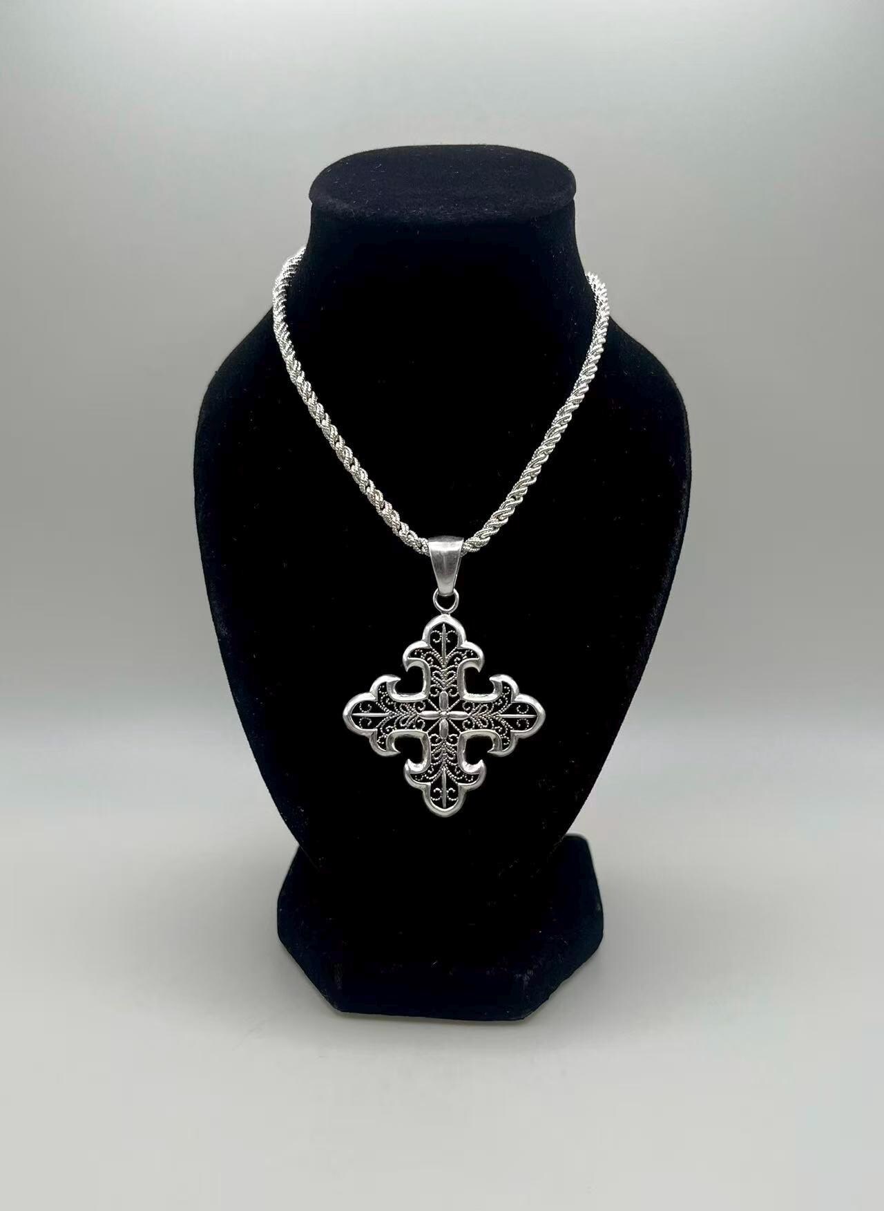 アクセサリー Vintage Italy 925 cross necklace ITALY Vintage 925 Silver Rope Chain and Filigree Cross Pendant Set
