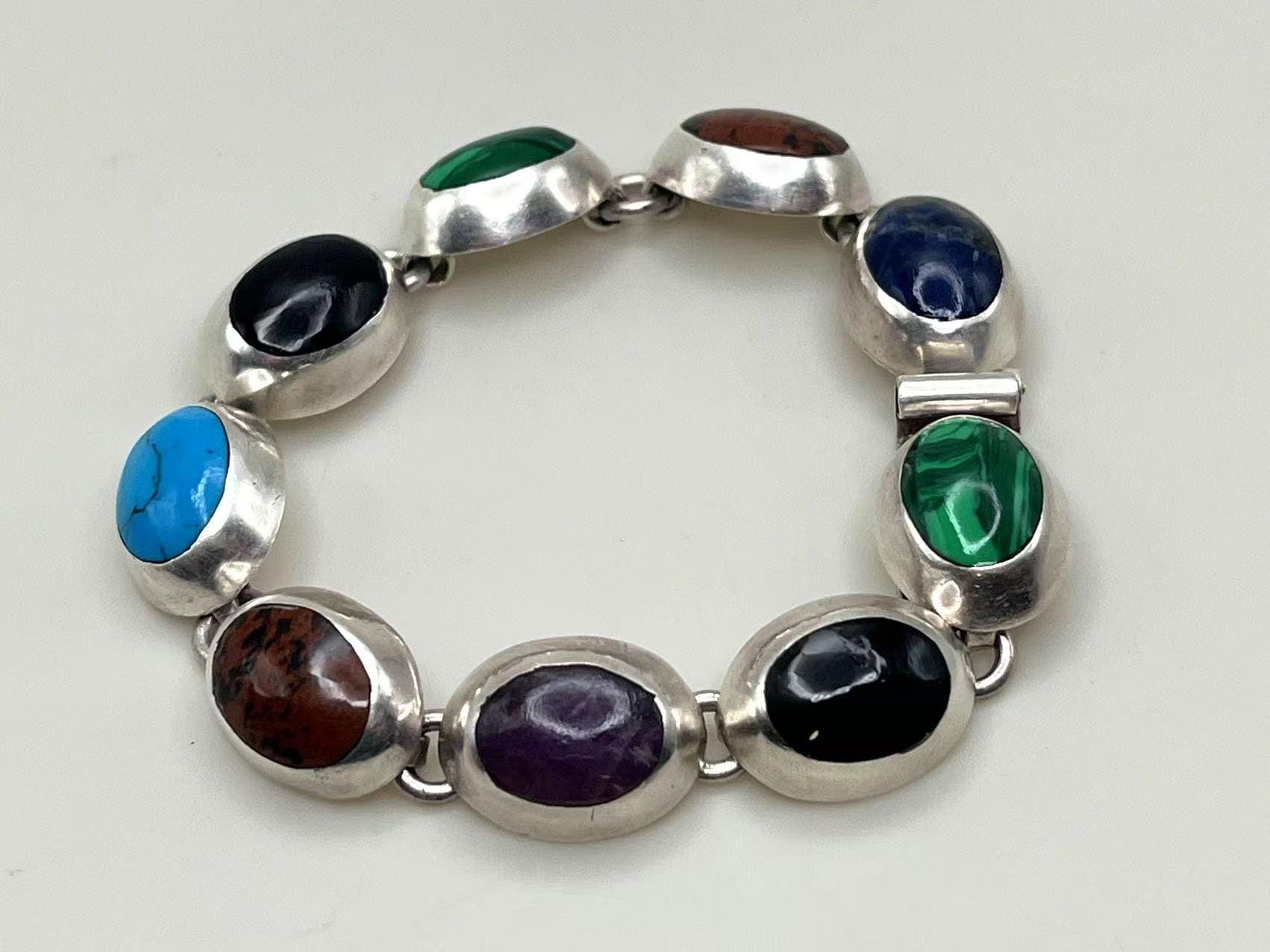 Mexico Taxco 925 Sterling Silver Oval Multi Gemstones Link