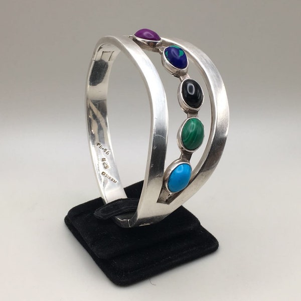 Mexico Taxco Vintage 925 Sterling Silver Multi Gemstone Inlay Hinged Bangle - Silver Bangle, Silver Jewelry, Jewelry Gift.