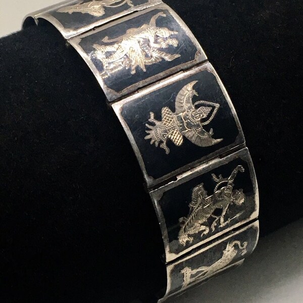 Vintage SIAM Nielloware Sterling Silver Black Enamel Goddess Bracelet - 6.5"| Silver Bracelet |Silver Jewelry |Jewelry Gift