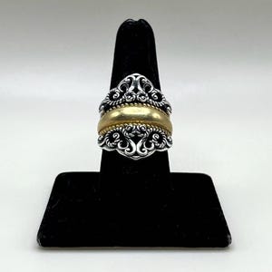 Vintage Carolyn Pollack 925 Silver Openwork Filigree Scrollwork and Brass Center Band Ring