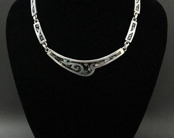 Vintage Mexico Taxco 925 Silver Abalone Shell Inlay Necklace - 17" /Silver Necklace, Silver Jewelry