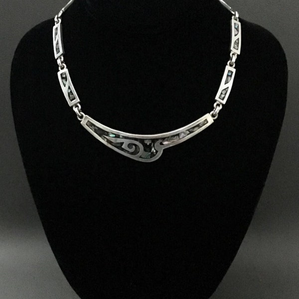 Vintage Mexico Taxco 925 Silver Abalone Shell Inlay Necklace - 17" /Silver Necklace, Silver Jewelry