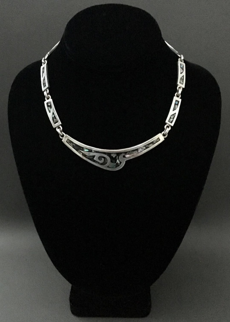 Vintage Mexico Taxco 925 Silver Abalone Shell Inlay Necklace 17 /Silver Necklace, Silver Jewelry image 1