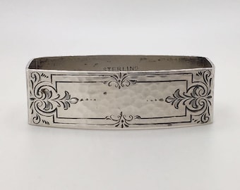 Vintage Merrill Shops Sterling #156A Silver Floral Engraved on Hammered Rectangle Napkin Ring - Silver Flatware, Silverware