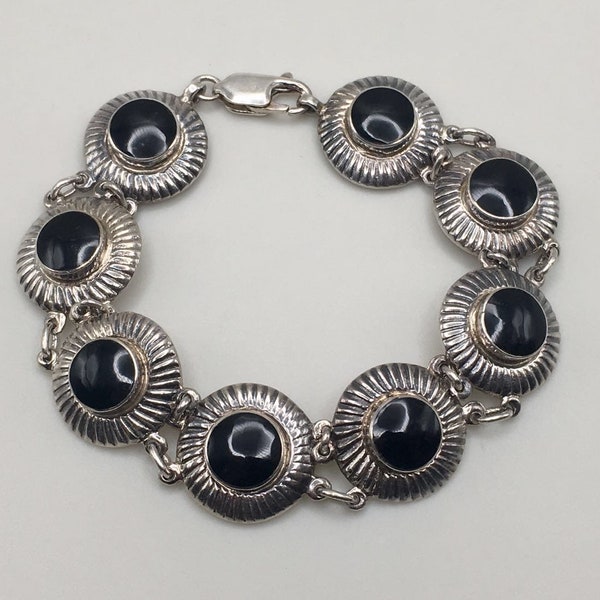 Vintage Designs by ND 925 Silver Round Black Onyx Link Bracelet - Silver Bracelet, Silver Jewelry Gift