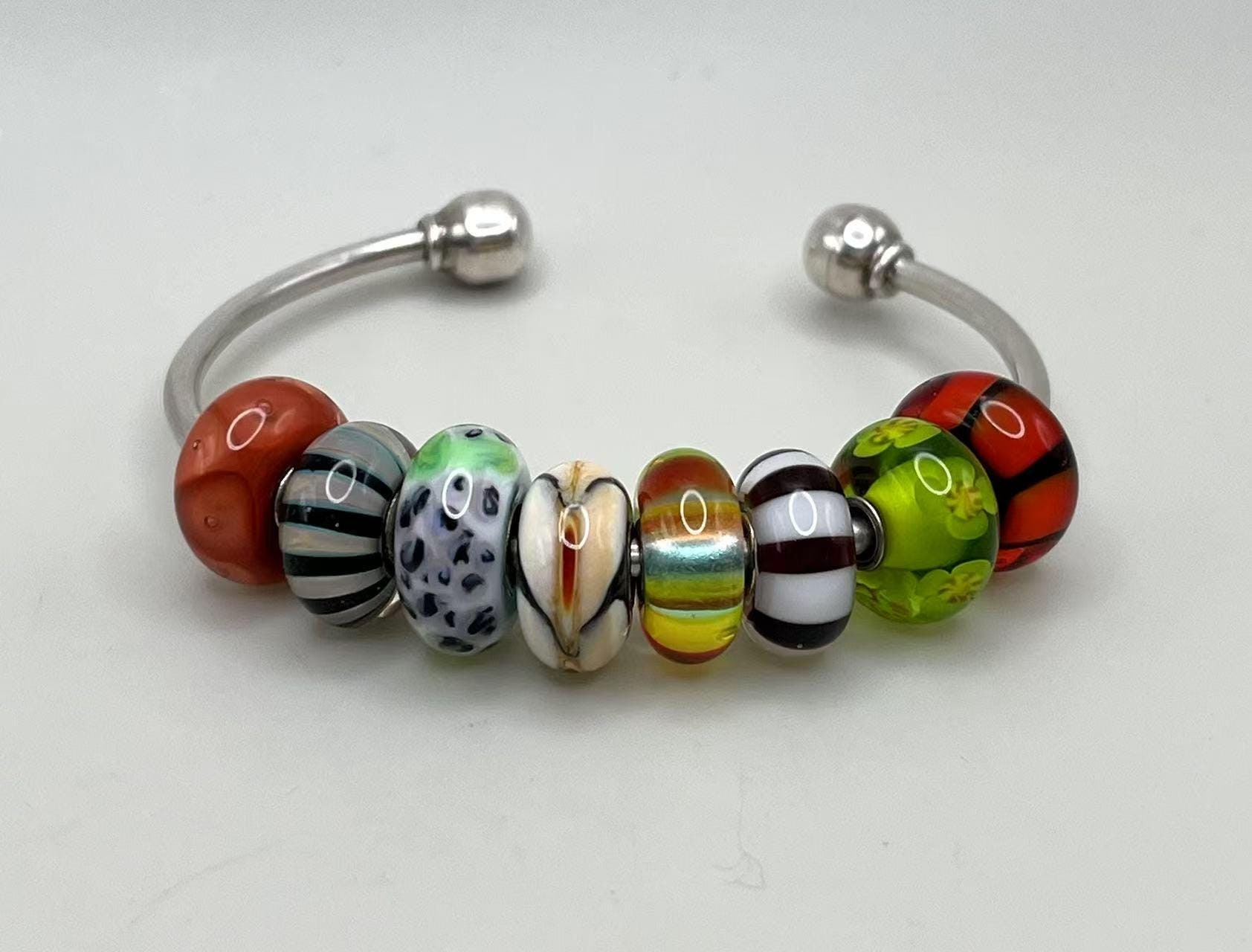 Vintage LAA Silver Trollbead Charms on Mexico Silver Cuff Bracelet