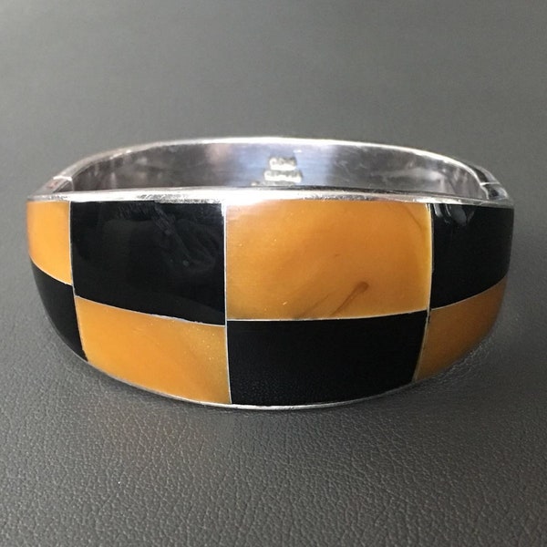 Vintage Mexico Texco 950 Silver Yellow/Black Onyx Hinged Bangle Bracelet silver bracelet Jewelry gift