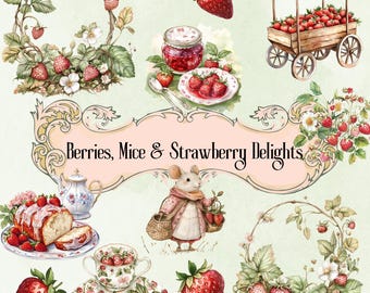 Berries, Mice & Strawberry Delights Clipart, PNG digital files,  commercial use clipart