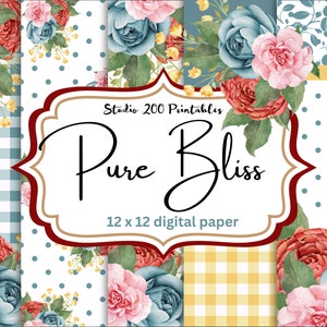 Pure Bliss digital paper, pink floral, red floral, 12 x 12, floral background, sublimation, bouquet pattern, pioneer woman inspired