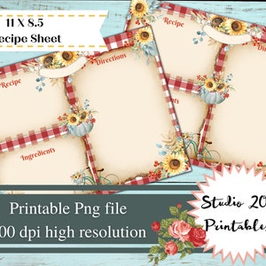 Pioneer Woman inspired recipe sheets, farmhouse design, instant download, junk journal ephemera, scrapbook, recipe sheet, sunflower
