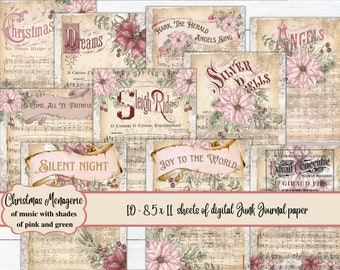 Christmas Music Menagerie in shades of pink and white, classic Christmas music sheets, 8.5 x 11,  vintage Christmas music, Christmas Carol