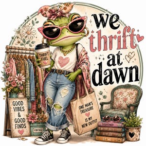 May include: A green frog wearing pink cat-eye sunglasses, a floral headscarf, a white heart-print t-shirt, and distressed blue jeans. The frog holds a coffee cup labeled THRIFT FUEL and a tote bag reading ONE MAN'S TREASURE IS MY NEW OUTFIT. Text reads WE THRIFT AT DAWN.