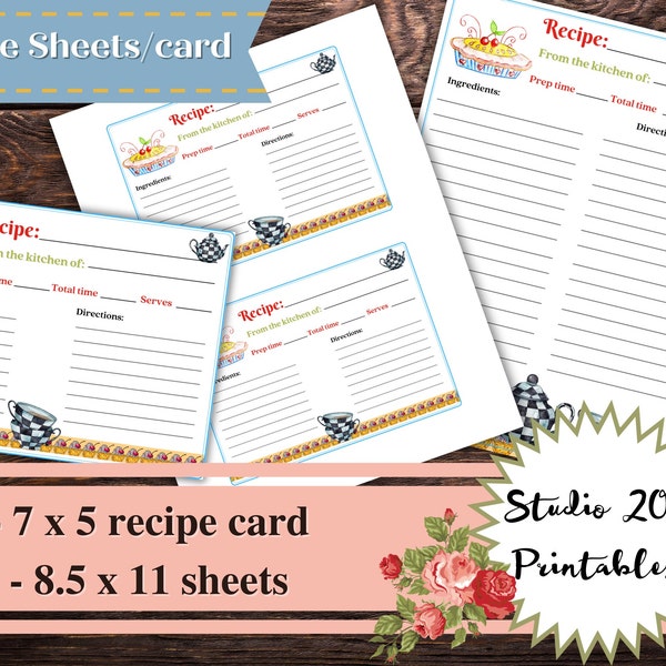 Alice in Wonderland inspired recipe card, recipe sheet, recipe pages