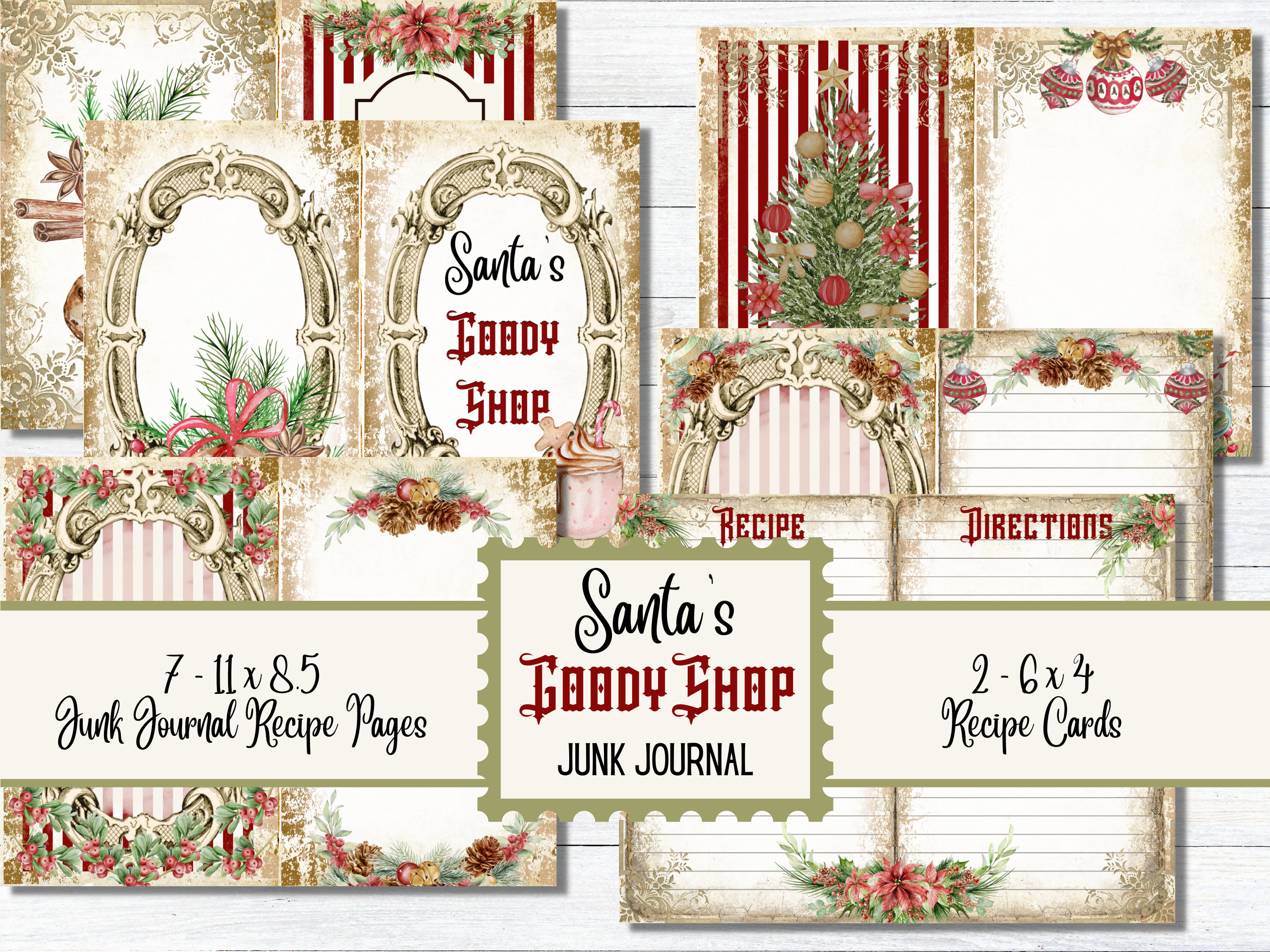 Santa's Goody Shop recipe junk journal, recipe page, recipe cards, junk journal sheets for all of your Christmas recipes
