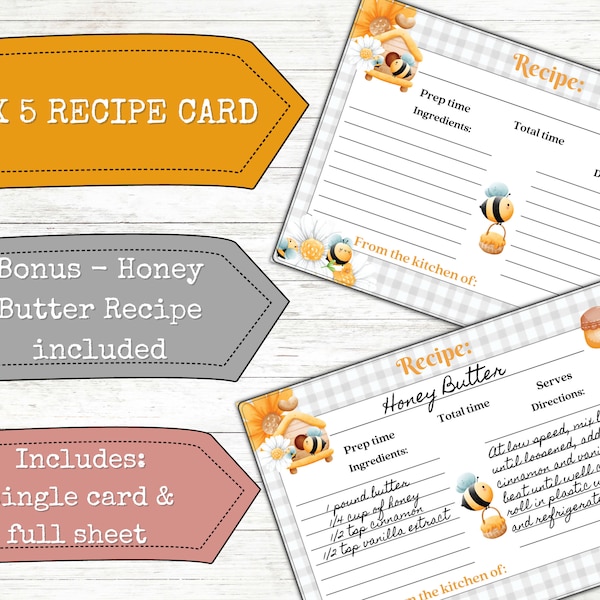 Recipe card, farmhouse design, Pioneer Woman inspired, scrapbook ephemera, junk journal cookbook interior, honey, bees, recipe sheet,