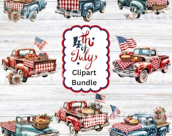 Patriotic Truck Clipart: 4th of July Watercolor PNG Set (Digital Download)