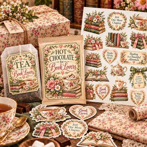 May include: A collection of stationery and tea items featuring floral and book-themed illustrations. Included are a tea bag with a tag reading TEA for Book Lovers, a packet labeled HOT CHOCOLATE for Book Lovers, and a sheet of stickers with various designs.