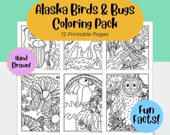 Alaska Birds & Bugs Coloring Pages | 12 Printable Nature Coloring Pages | Wildlife Coloring Book PDF | Instant Download