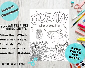 Ocean Whales and Fish Kids Coloring Pack | 11 Coloring Pages | Digital Download