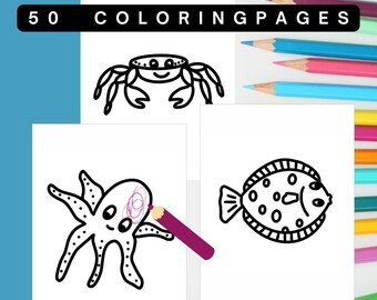 Ocean Friends Bold Coloring Pages | 50 Page Printable Coloring Book | Simple Sea Animal Coloring | Digital Download ZIP