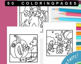 Autumn Animals Coloring Pack Printable | 50 Detailed Fall Illustrations with Fun Facts | Seasonal Animal Coloring PDF | Educational Download