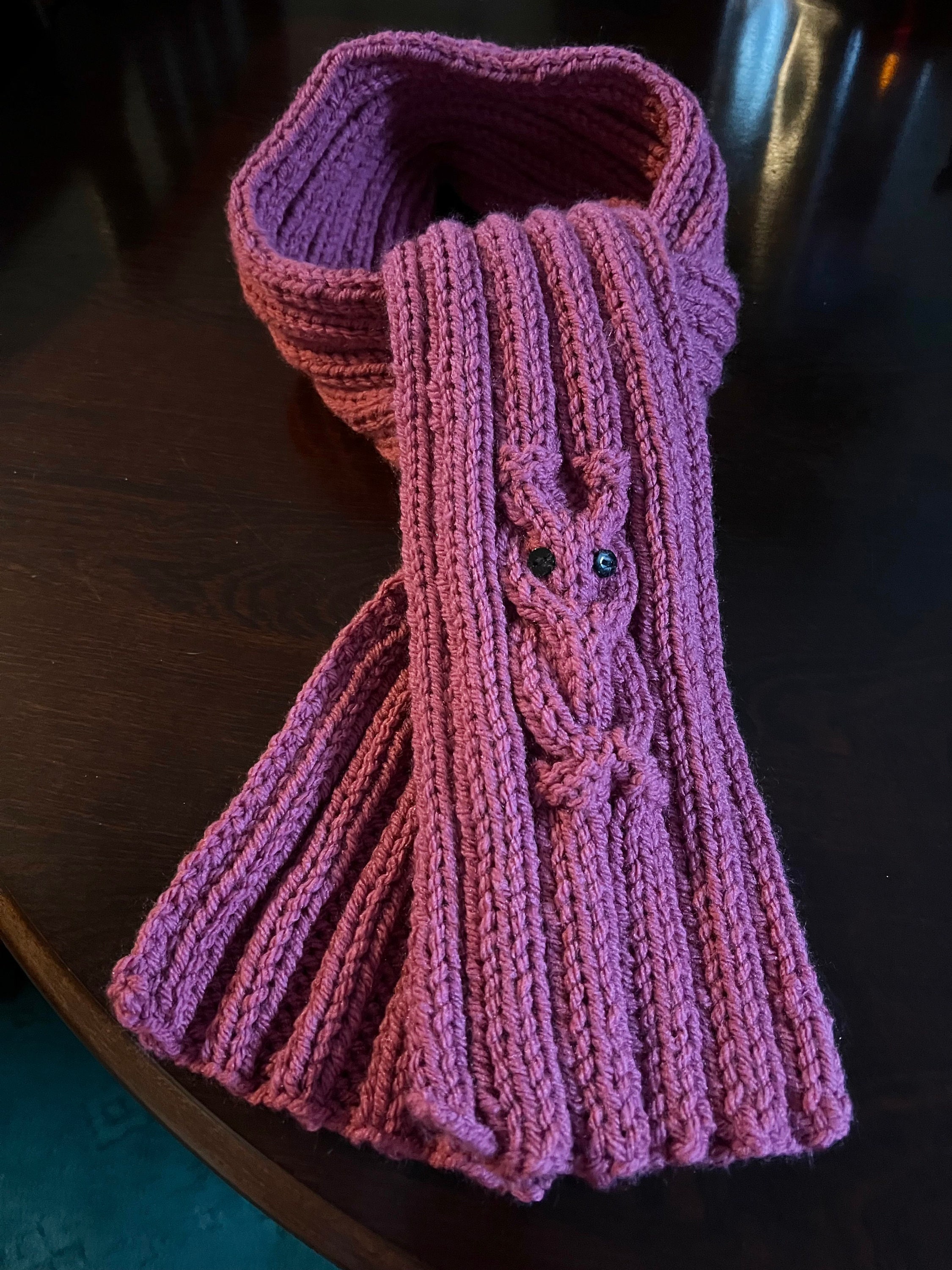 Hand-Knitted Owl Scarf: Dusky Pink Acrylic, Warm Winter Gift for 3 year old