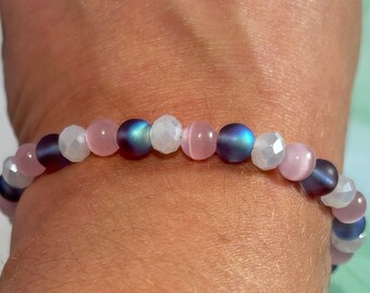 Pastel Pink & Purple Glass Bead Bracelet, 7.5 inch