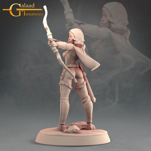 May include: A beige figurine of an archer in a hooded cloak, drawing back a bow. The figure is wearing fitted clothing and boots, with a quiver and sword at the hip. The base is round and the background is a gradient of gray.