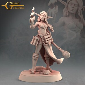 May include: A detailed miniature figurine of a female elf mage, holding a flaming orb in one hand and a staff in the other. The figure is wearing a detailed outfit with a flowing cape and accessories. The base is a circular platform.