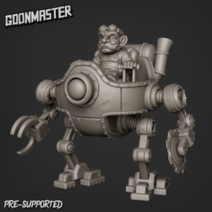 May include: A grey 3D-printed model of a steampunk robot with a seated figure. The robot features articulated legs, a circular saw blade, and a claw arm. The text "GOONMASTER" and "PRE-SUPPORTED" are visible.