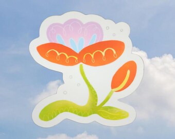 May include: A sticker featuring a stylised flower with a pink centre, orange petals, and a green stem. The flower is outlined in white and has a white background.