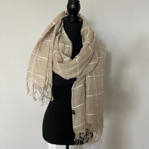 100% Linen Scarf| Gift for Her| light linen shawl, linen Scarf with Tassels, linen wrap, linen shawl, natural tan linen scarf, tan shawl