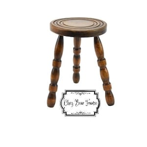 Vintage French 13&quot; Small Wooden Three Turned Legged Round Stool Plant Stand Room Display Wood Tabouret / ChezBearFrance