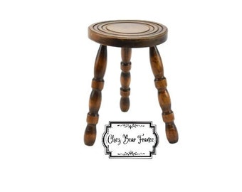 Vintage French 13" Small Wooden Three Turned Legged Round Stool Plant Stand Room Display Wood Tabouret / ChezBearFrance
