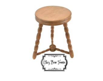 Vintage French 15" Wooden Braced Round Stool Plant Stand Room Display Farmhouse Cottage Seat Wood Tabouret Gift Idea / ChezBearFrance