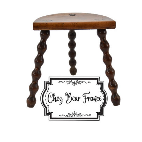 Vintage French 12" Small Wooden Bobbin D Stool Varnished Three Legged Farmhouse Cottage Gift Idea Milking Wood Tabouret / ChezBearFrance