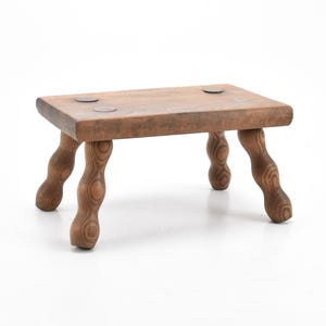 ChezBearFrance - Vintage French Small Wooden Bobbin Mini Bench Footstool Footrest Nursery Wood Toy Room Display Farmhouse Cottage